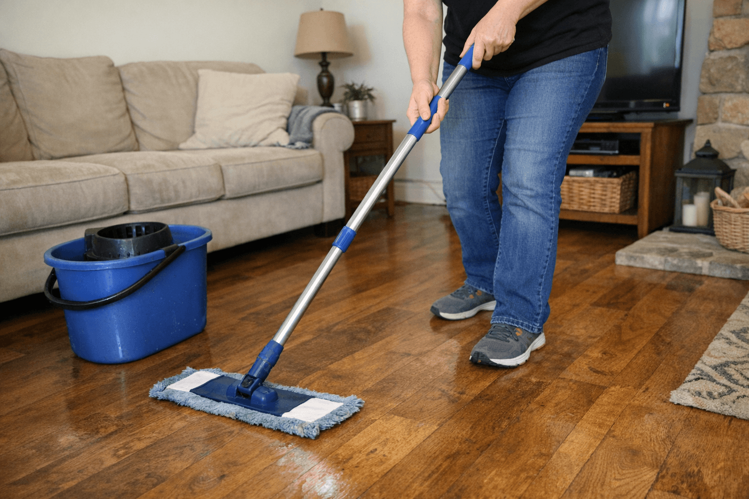 Cleaner mopping hardwood floors in a home
