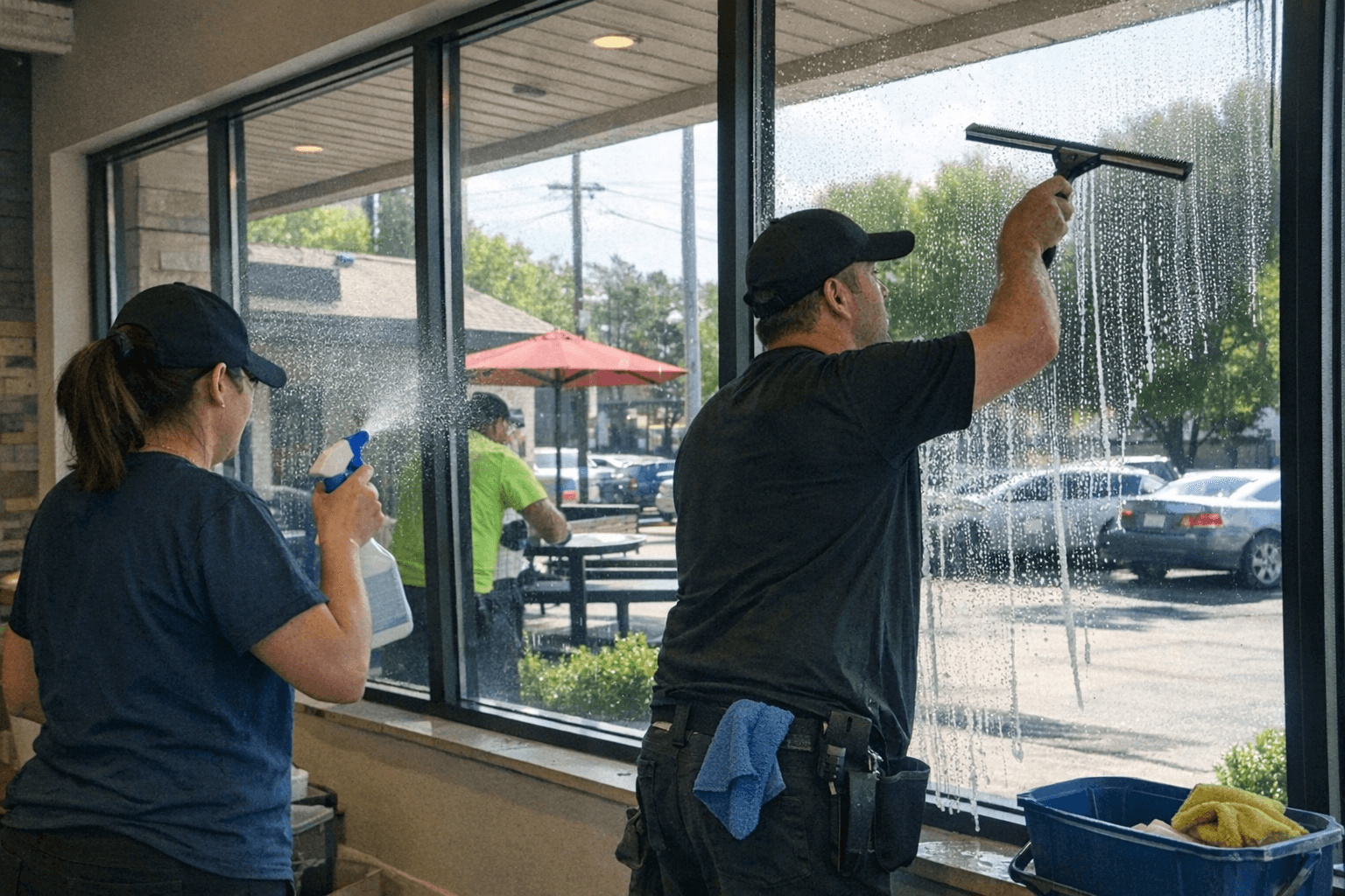 Cleaning storefront glass windows