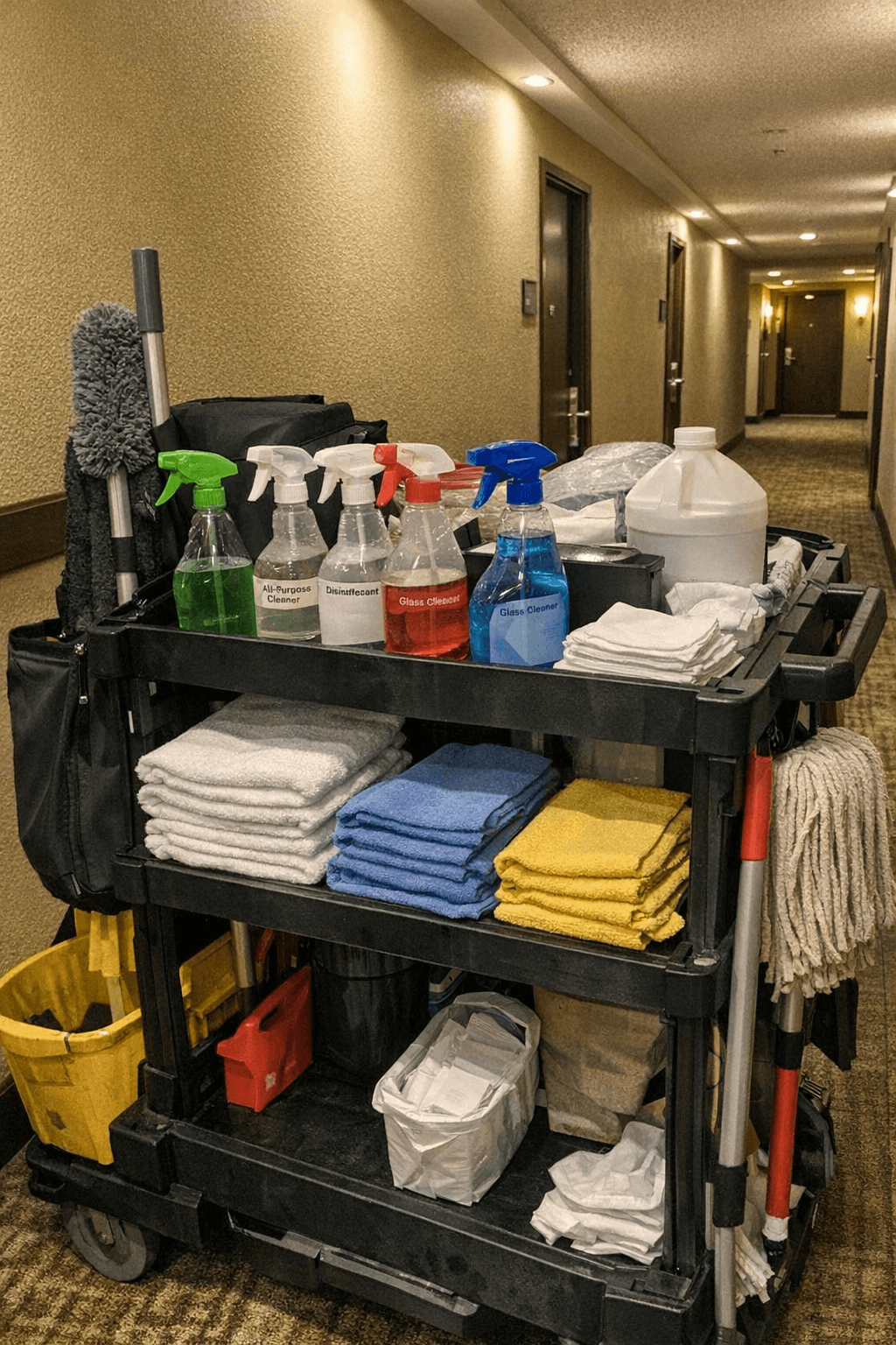 Professional cleaning cart with supplies in office hallway