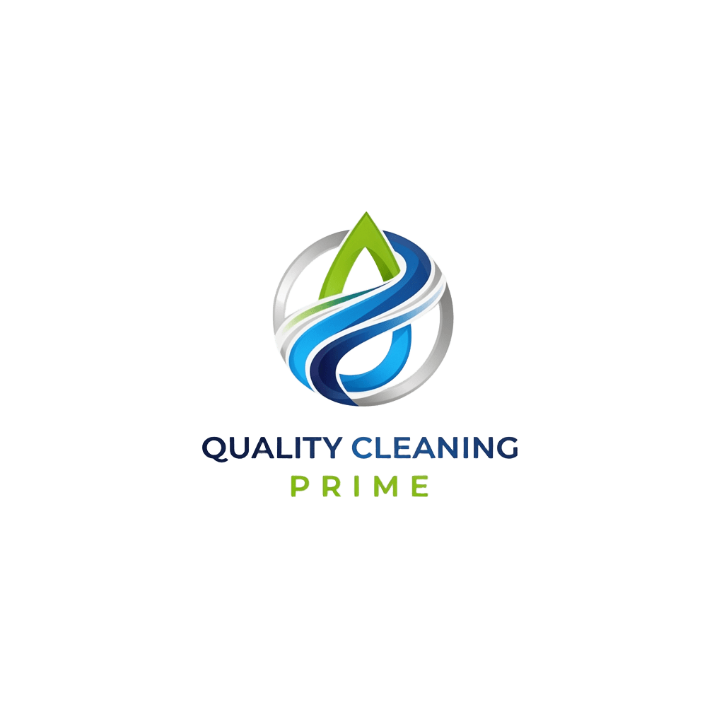 Quality Cleaning Prime logo featuring a green leaf and blue water waves in a silver circle.